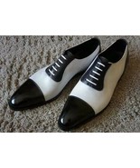 Two Tone Men Oxford Black White Derby Cap Toe Premium Quality Leather Shoes - $205.14 CAD+