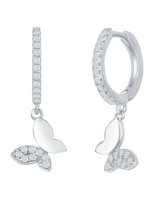 Sterling Silver Small Huggie Hoop Clear CZ Dangling Butterfly Earrings - £34.04 GBP