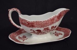 Spode Copeland Camilla Gravy Boat Scalloped Floral Underplate Attached Red White - £85.88 GBP