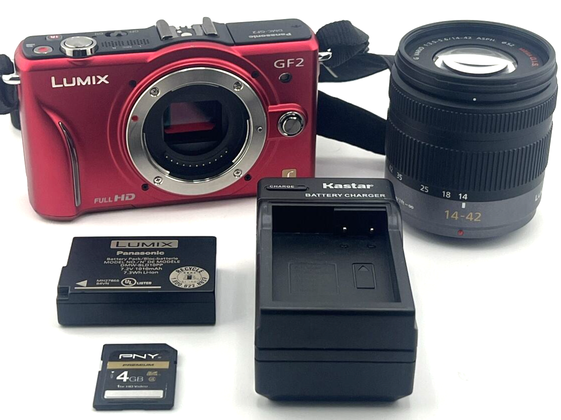 Panasonic Lumix DMC GF2 Digital Camera RED 12.1MP Kit 14-42mm OIS Lens TESTED - £214.00 GBP