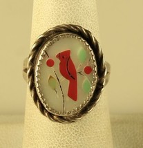 Vtg Sterling Silver Native American Zuni Inlaid Multi Stone MOP Coral Bird Ring - £114.50 GBP