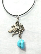 PEWTER WOLF HEAD PROFILE w BLUE TURQUOISE GEMSTONE NUGGET ADJ CORD NECKLACE - $16.80 CAD
