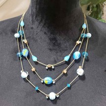 Womens Fashion Three Strands Charm Necklace Turquoise Gemstone w/ Lobster Clasp - $27.00