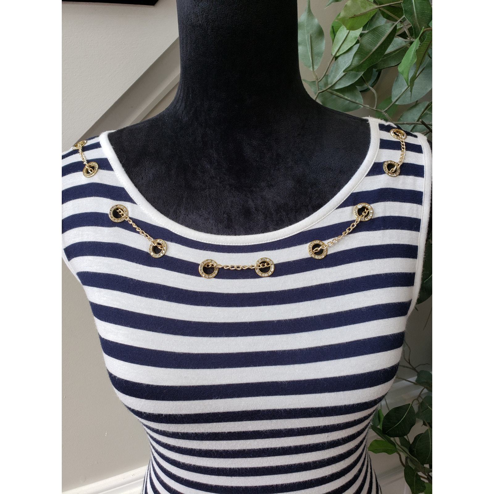Belldini Top Blouse Womens Small White Blue Striped Embellished Asymmetrical Hem Item image 11