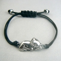 Lying Cat Adjustable Black Corded Bracelet - Silver OR Bronze (BN-BRC110) - $8.00
