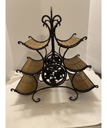 Vintage Bamboo And Wrought Iron Grapes Portable Wine Rack With Handle On... - $34.30 CAD