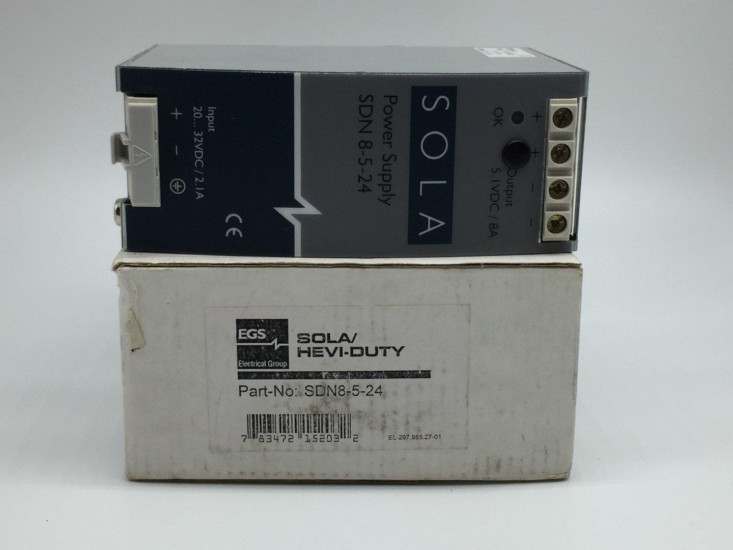 Sola/Hevi-Duty SDN8-5-24 Power Supply, In 20-32VDC 2.1A, Out 5.1VDC 8A  - $176.00