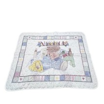 Vintage Quilt Handmade Cross Stitched Bear Reading Book baby blanket 40x32 - £72.30 GBP