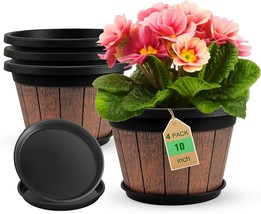 Quarut 4 Pack 10 Inch Plant Pots,Upgrade Whiskey Barrel Planters With, Brown - £35.13 GBP