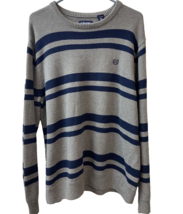 Chaps Crew Neck Sweater Mens XL Gray w Blue Striped Tight Knit Preppy Ac... - £11.42 GBP