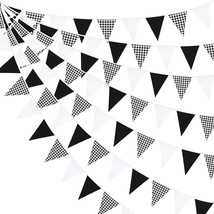 32Ft Black Party Decorations Black Buffalo Plaid Checkered White Triangle Flag G - £23.97 GBP