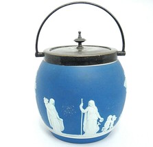 Antique Blue Jasperware Biscuit Jar Barrel with Lid and Handle Dipped England 5&quot; - $70.53