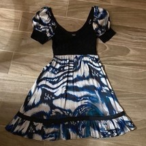 Bebe Puff Sleeve Flare Mini Dress Silk Spandex Small Black Blue - £29.60 GBP