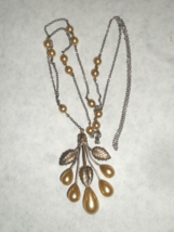 Antique Art Nouveau Leaf Teardrop Faux Pearl Spray Cluster Pendant Necklace - £62.49 GBP