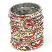 Indian Bangle Stack Jewelry Set of 6 Faux Diamonds Ruby 1.6&quot; Inside Diameter - $10.77