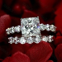 Engagement Ring Set 3.15Ct Princess Cut Simulated Diamond 14k White Gold Size 8 - £244.25 GBP