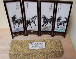 Vintage Asian table composition in the form of a screen with horses Marble - $29.69