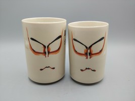 Pair Of Japanese Tea Mugs White Hand Painted Faces Two Sizes 3 3/8&quot;, 3 5/8&quot; - £13.28 GBP