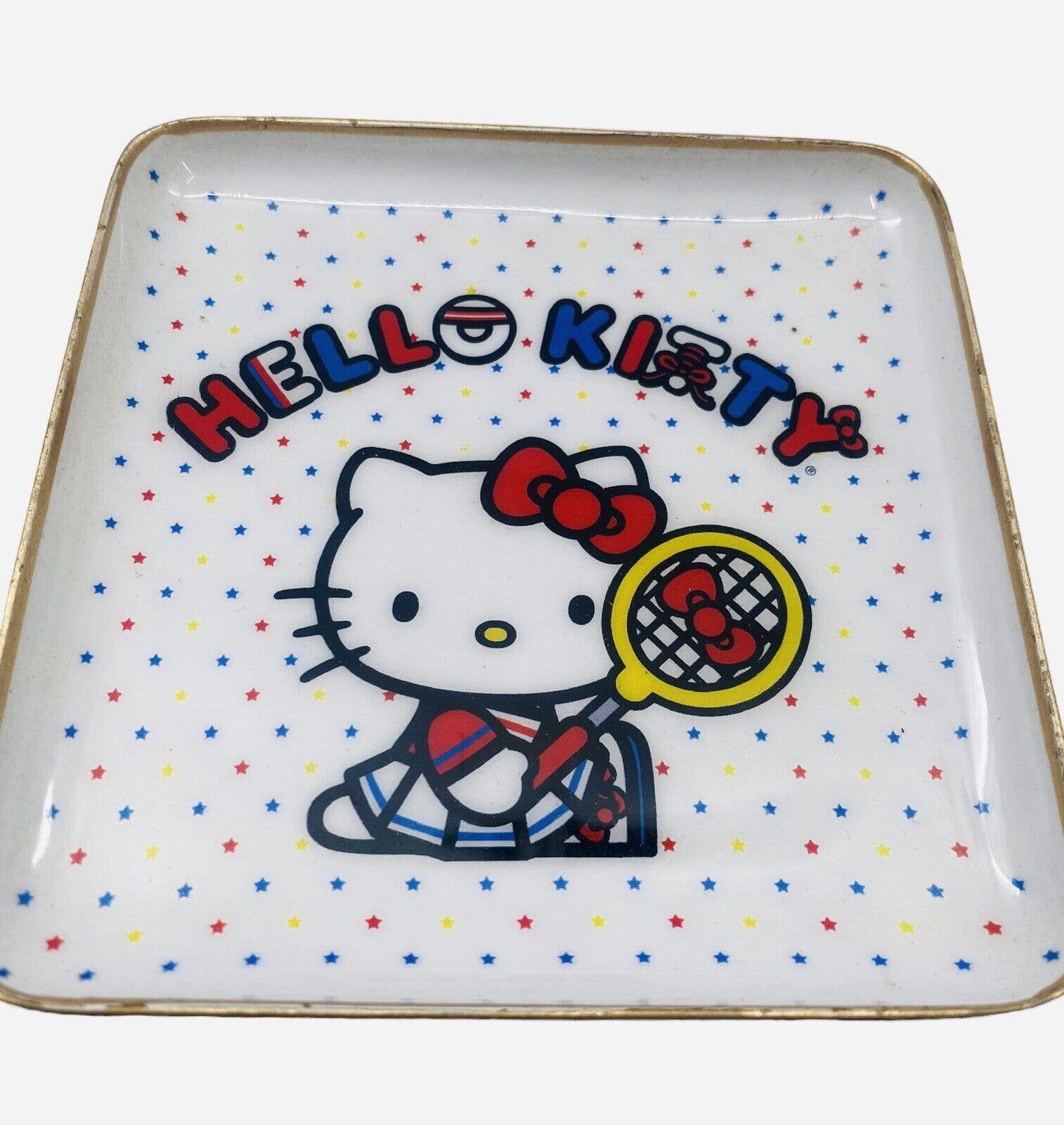 Primary image for Sanrio Hello Kitty Tennis Outfit Ceramic Metal Plate Dish 4" x 4" Vintage
