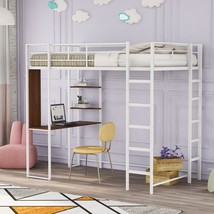 Twin Metal Loft Bed with 2 Shelves and one Desk - White - $326.41