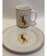 LTD Commodities Christmas Mug Plate Set Comet Reindeer Stars Red Trim Ho... - $19.51 CAD