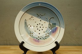 Studio Art Kitchen Pottery Blue Drip Floral Shallow Pierced Colander Drain Bowl - £35.20 GBP