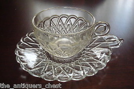 Depression clear glass vintage 4 cups and handled saucers, rare! [GL15] - £92.47 GBP