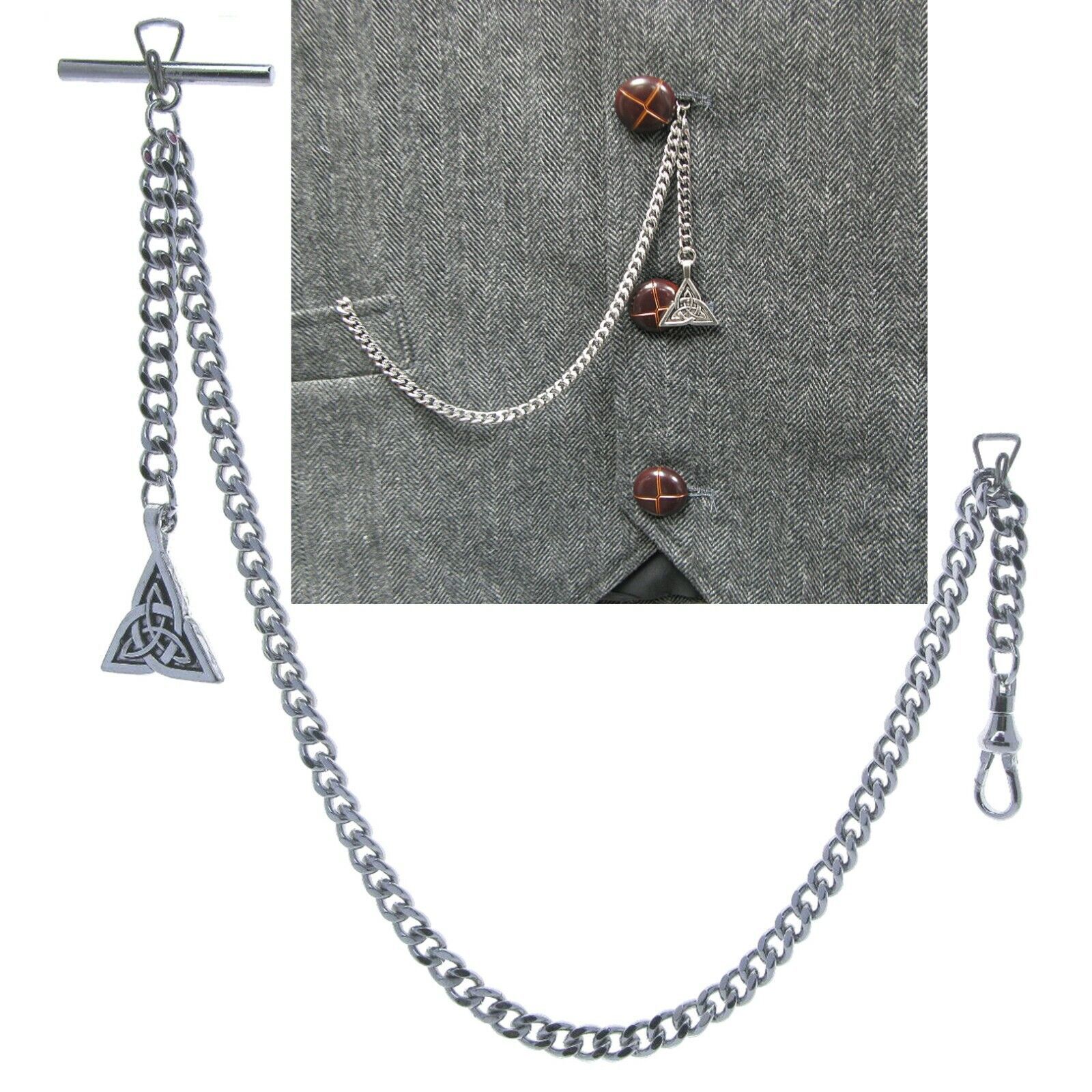Albert Chain Silver Pocket Watch Chain for Men Trinity Celtic Knot Fob T... - $16.99