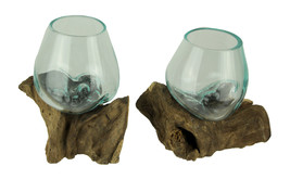 Molten Glass On Teak Driftwood Decorative Bowl Vase Terrarium Planter Set of 2 - £38.94 GBP