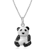 Sterling Silver Black Diamonds Round Panda Bear Pendant Necklace 18&quot;, 1/... - £52.93 GBP