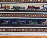 Cotton Trains Locomotive Train Station Signs Blue Brown Fabric Print BTY... - $14.95