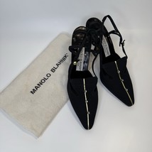 Vintage Manolo Blaknik Size 37 6 Heels Slingback Pointy Black Gold Fabric - $3,903.38 MXN