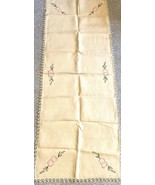 VTG Hand Embroidered Table Runner Pink Green Floral 18&quot;x48&quot; Doily Edge Spot - $19.75