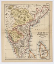 1888 Antique Map Of British India Madras Hydrabad Mysore Andra Pradesh Sri Lanka - £22.00 GBP