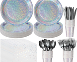 Iridescent Silver Party Supplies Decorations, Holographic Paper Plates a... - £32.89 GBP