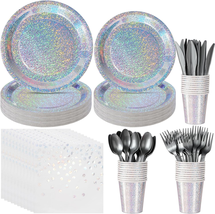 Iridescent Silver Party Supplies Decorations, Holographic Paper Plates a... - $41.63