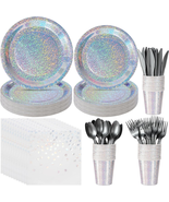 Iridescent Silver Party Supplies Decorations, Holographic Paper Plates a... - £32.89 GBP