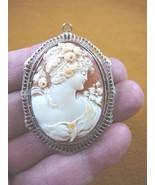 C-1343) Roman Woman with roses shell oval CAMEO 14k gold pin pendant - $425.27 CAD