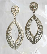 Elegant Ancient Style Filigree Silver-tone Pierced Earrings 1970s vintage 2 7/8&quot; - £9.85 GBP