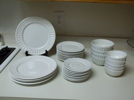 Gibson Everyday Stoneware White Ribbed With Dots ~ 32 Piece Set Plates B... - $84.55