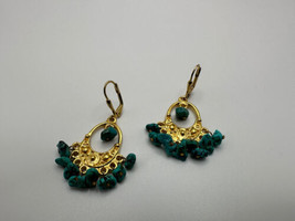 Vintage Indian Gold Turquoise Dangle Earrings 5cm - $18.81