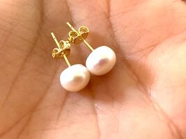 Gold pearl earrings 14k gold studs real pearls gold earrings Stone Queen - $94.05