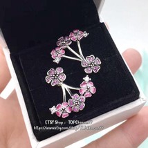 925 Sterling Silver Peach Blossom Flowers Earrings With Enamel &amp; CZ Ear Jackets - £16.62 GBP