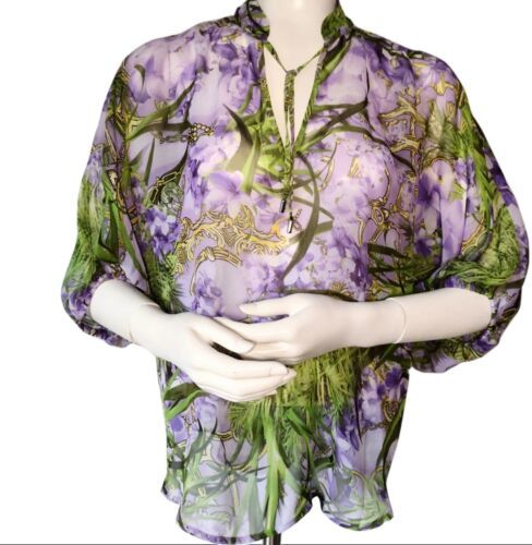 Primary image for JLo Jennifer Lopez Sheer Tropical Blouse Shirt Size XS Purple Flowy Gold Chain
