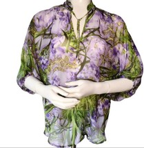 JLo Jennifer Lopez Sheer Tropical Blouse Shirt Size XS Purple Flowy Gold... - $9.89