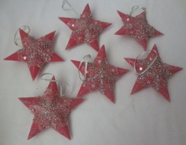 Vintage 6&quot; Pink Star ornaments Sugar Glitter Rhinestones Lot of 6 - £31.46 GBP