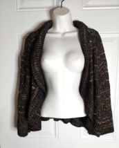 ROZ &amp; ALI Open Draped Gold Thread Full Collar Open Weave Knit Sweater Jacket L - $9.49