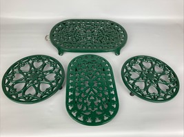 Set 4 Vintage Green Enamel Cast Iron Footed Trivet Hot Plate Stands - £19.63 GBP