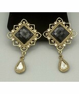 Vintage Victorian Revival Goldtone Dangle Earrings Black Center Rhinestones - $22.99