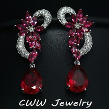 CWWZircons Elegant Cubic Zirconia Pave Bridal Long Red Crystal Stones Earrings f - £17.05 GBP